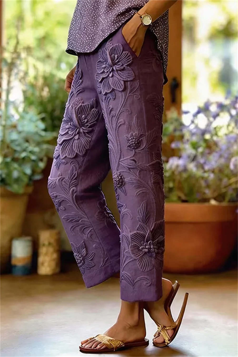 Women's Purple Floral High Waist Full Length Pants