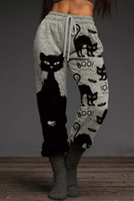 Women's Halloween Grey Black Cat Bat Print Drawstring Waist Jogger Pants