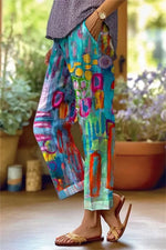 Women's Colorful Abstract Print Elastic Waist Cuffed Cropped Harem Pants