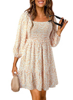 Women's Square Neck Smocked Boho Floral Dress