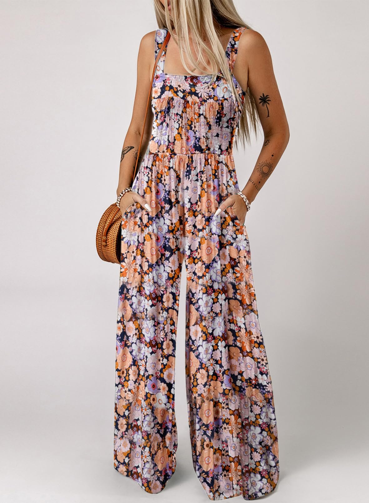 Womens Overalls Casual Floral Print Sleeveless Jumpsuit with Pockets