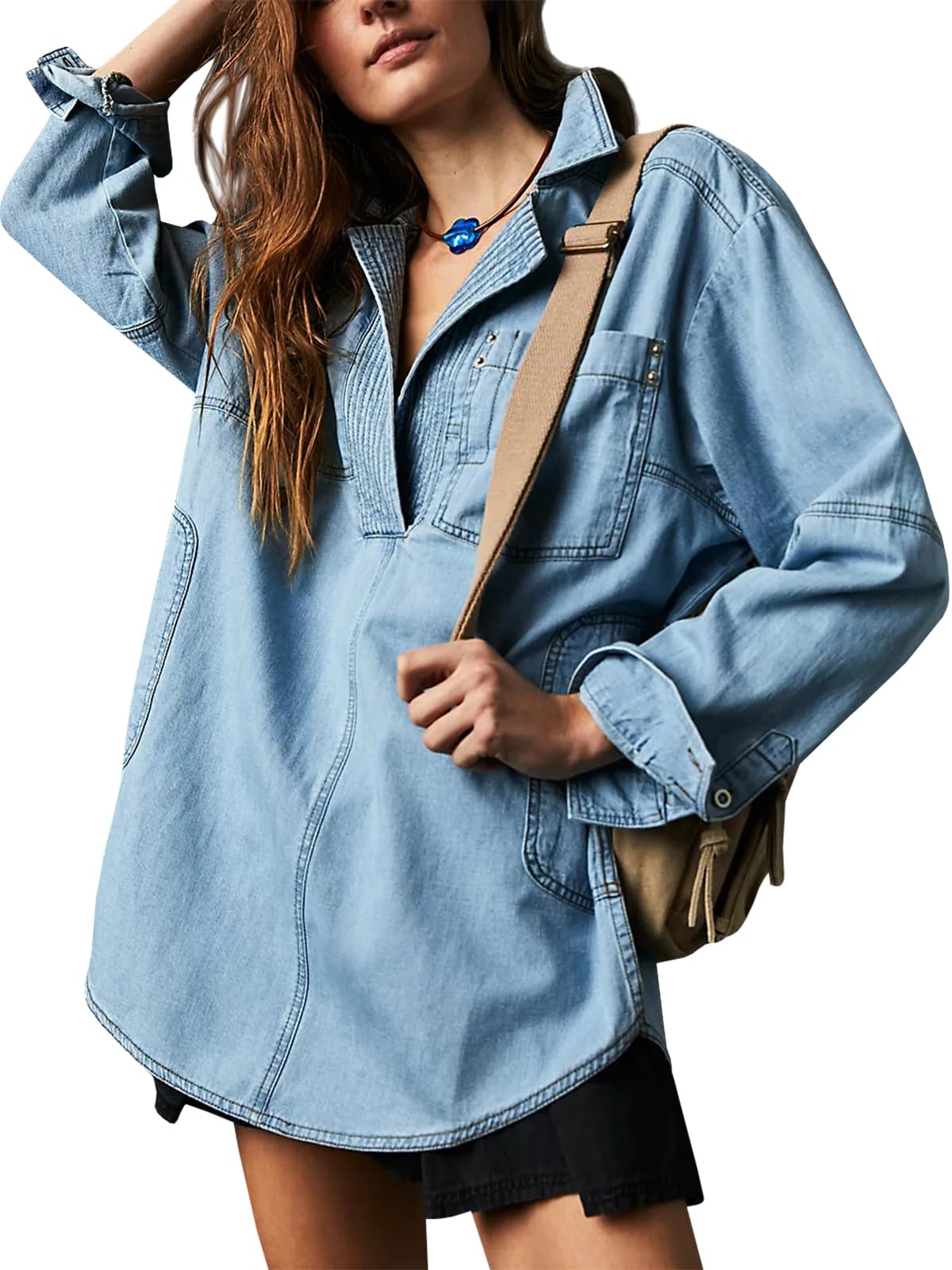 Women's V-Neck Denim Pullover Shirt