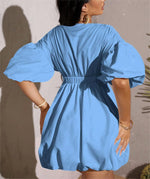 Women's Deep V-Neck Puffy Sleeve Elasticated High Waist Flared Dress