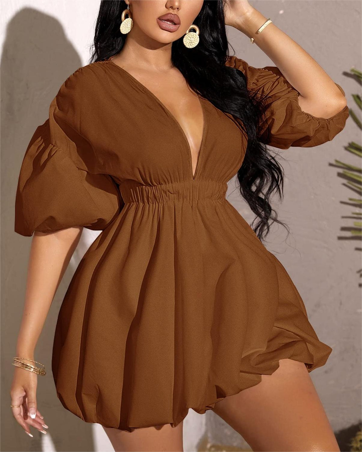 Women's Deep V-Neck Puffy Sleeve Elasticated High Waist Flared Dress