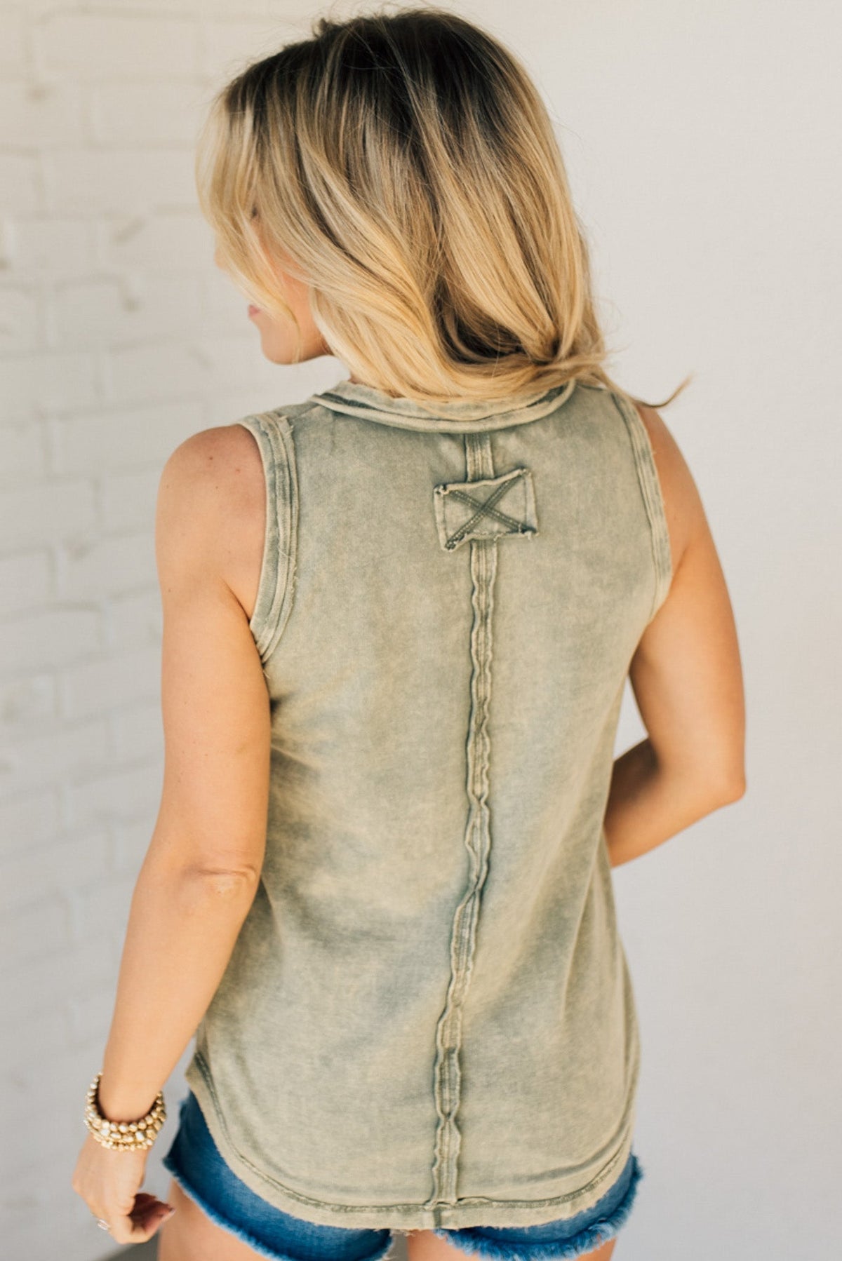 Women's Button Mix Washed Henley Tank