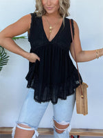 New V-neckline Sleeveless Flow Top with Lace Trim