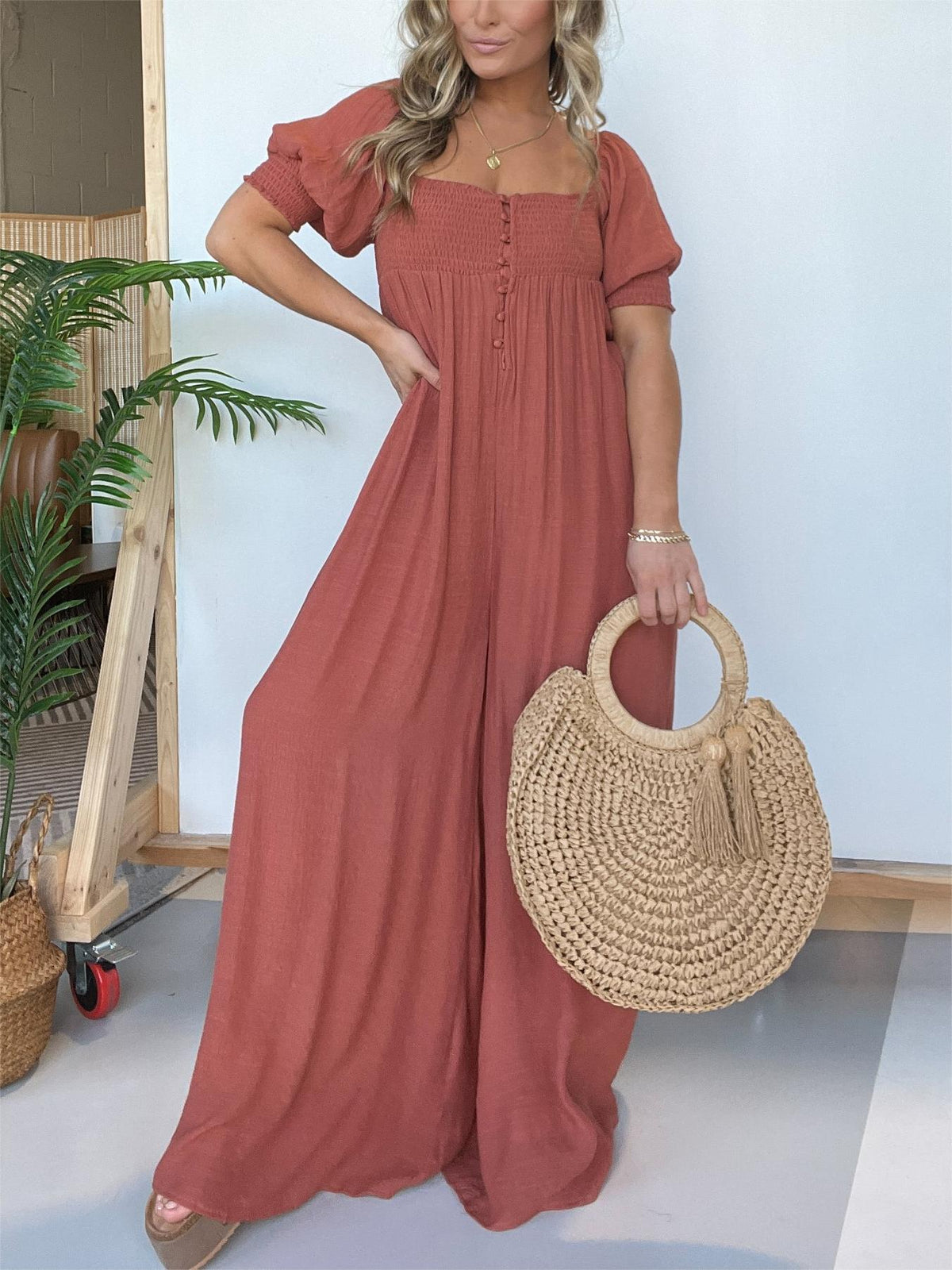 Women's Square Neckline Jumpsuit with Smocked Bodice Button