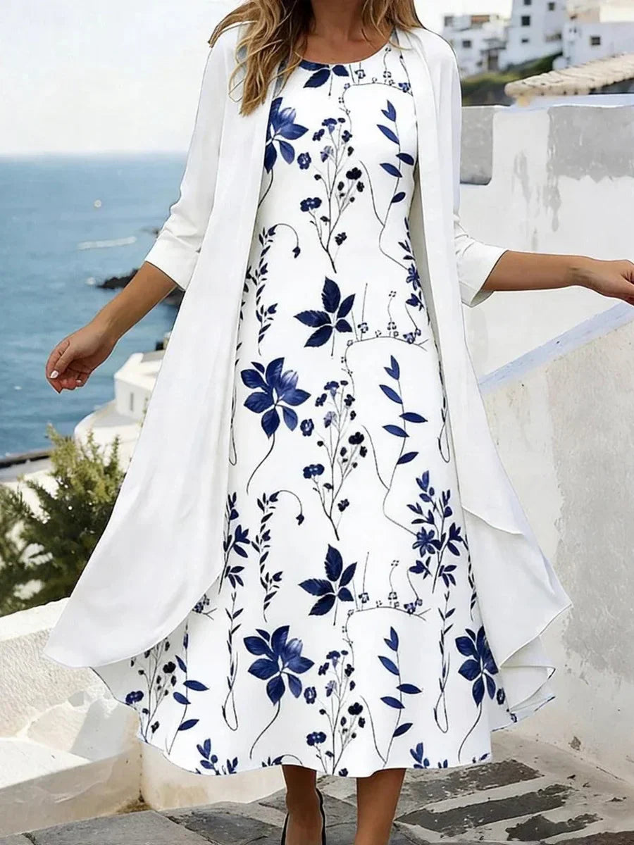 Floral Print Round Neck Maxi Dress With Jacket