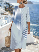 Striped Round Neck 3/4 Sleeve Midi Dress