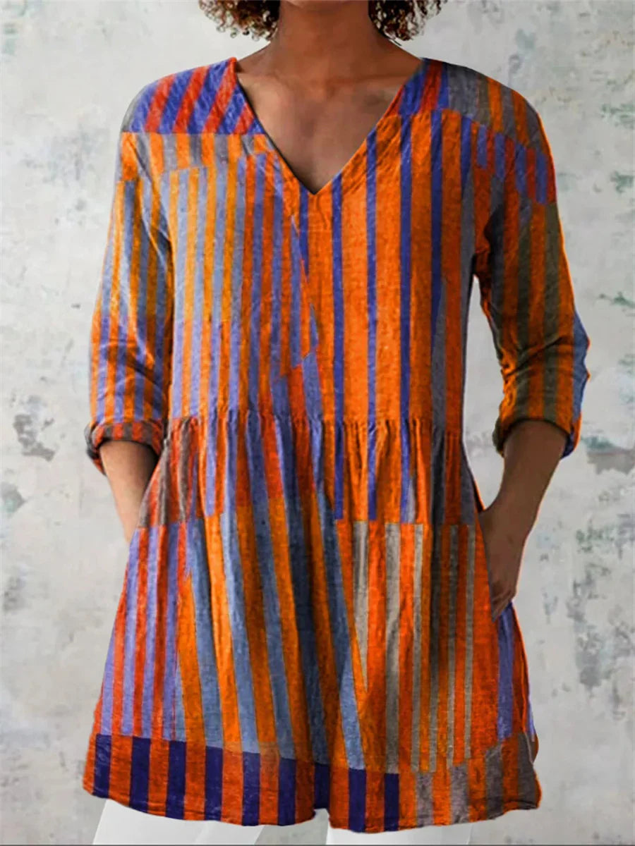 Women's Colorblock Striped Art Print Casual V-Neck 3/4 Sleeve Shirt