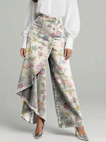 Women's Vintage Floral Print High-waisted Wide-leg Jeans
