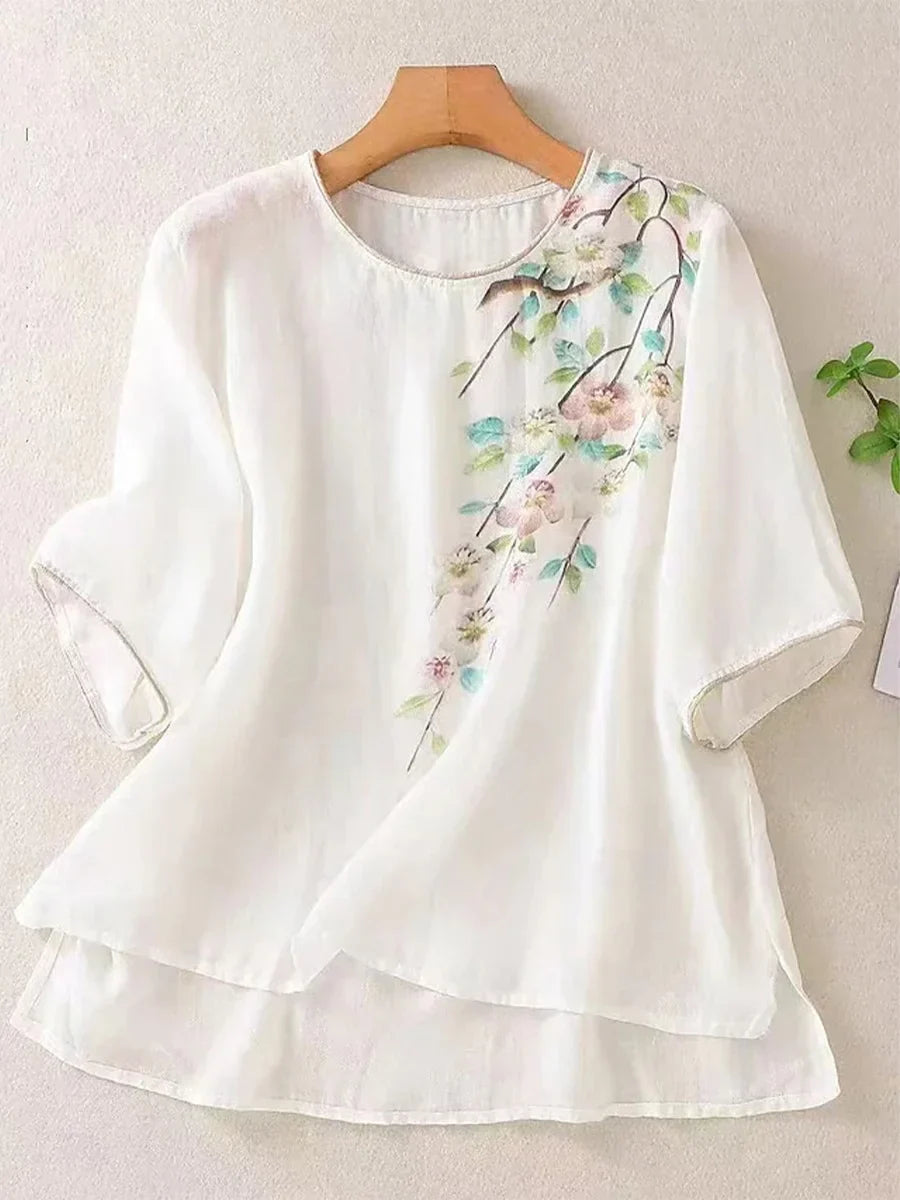 Floral Print Short Sleeve Crew Neck Regular Top