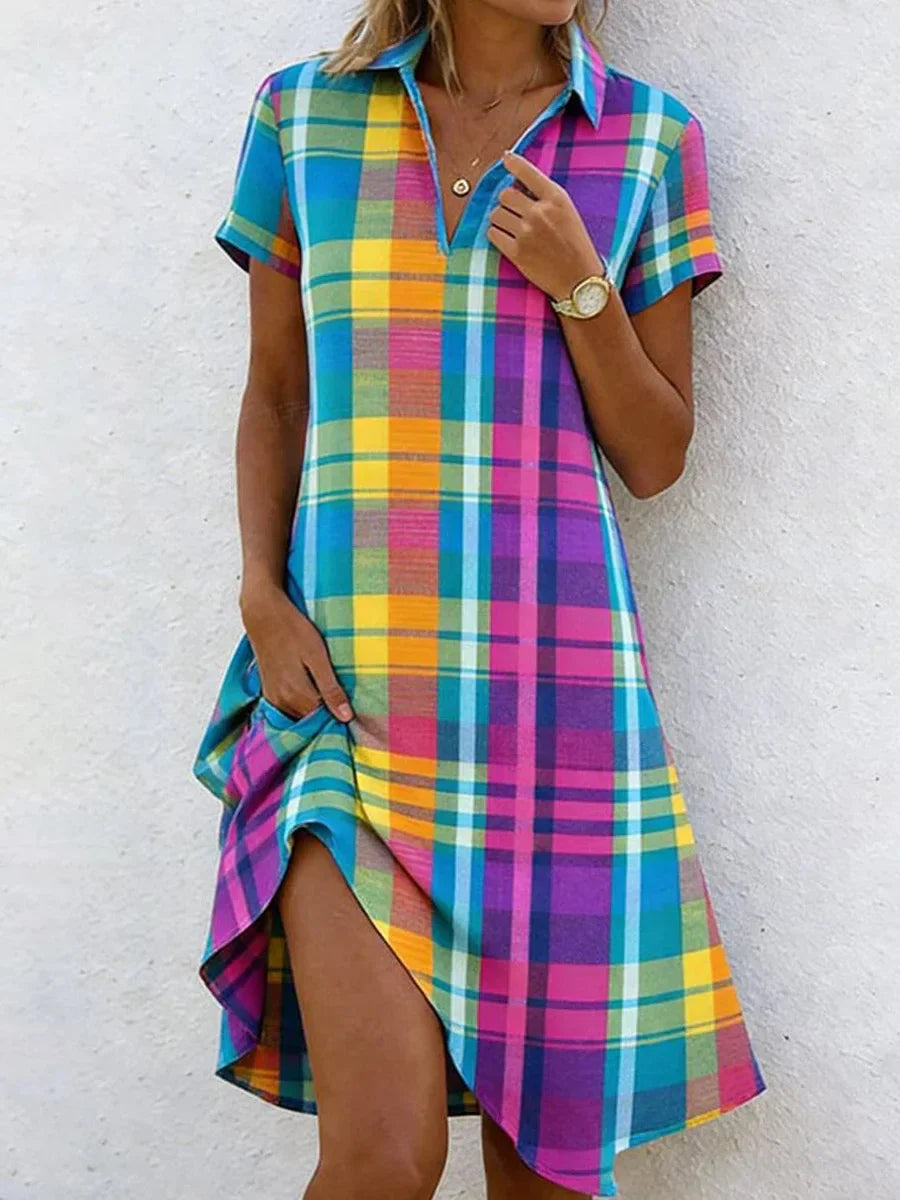 Stunning Rainbow Plaid Short Sleeve Mini Dress