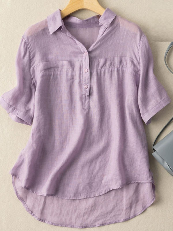 Solid Color Stand Collar Short Sleeve Lightweight Casual Loose Blouse