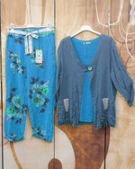 Solid Color Long Sleeve Tops and Floral Loose Pants Two Piece Suits