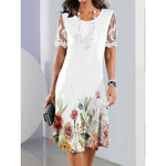 Lace Print Round Neck Short Sleeve Midi Dress