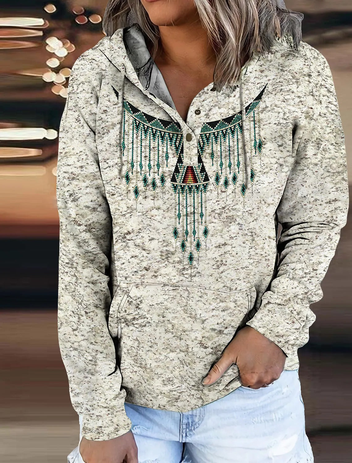 Green Hooded Printed Round Neck Long Sleeve Hoodie