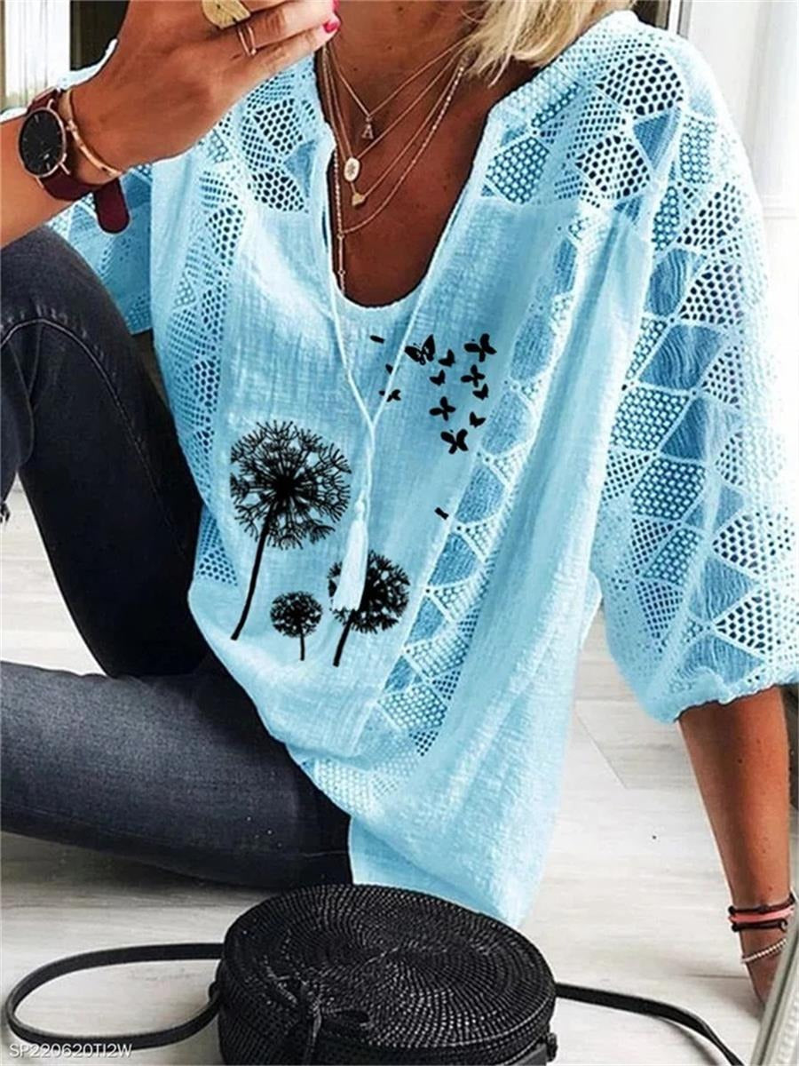 V Neck Blue Graphic Hollow out Tops Dandelion Printed Half Sleeve Blouse