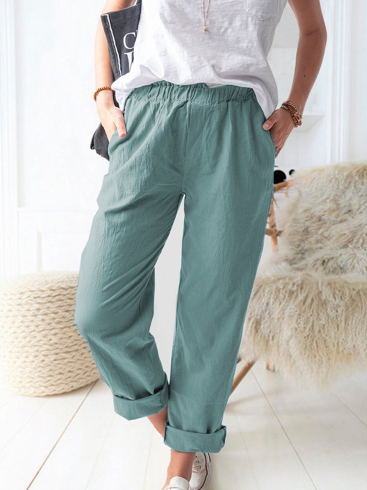 Elastic Waist Cotton Linen Loose Turnip Pants