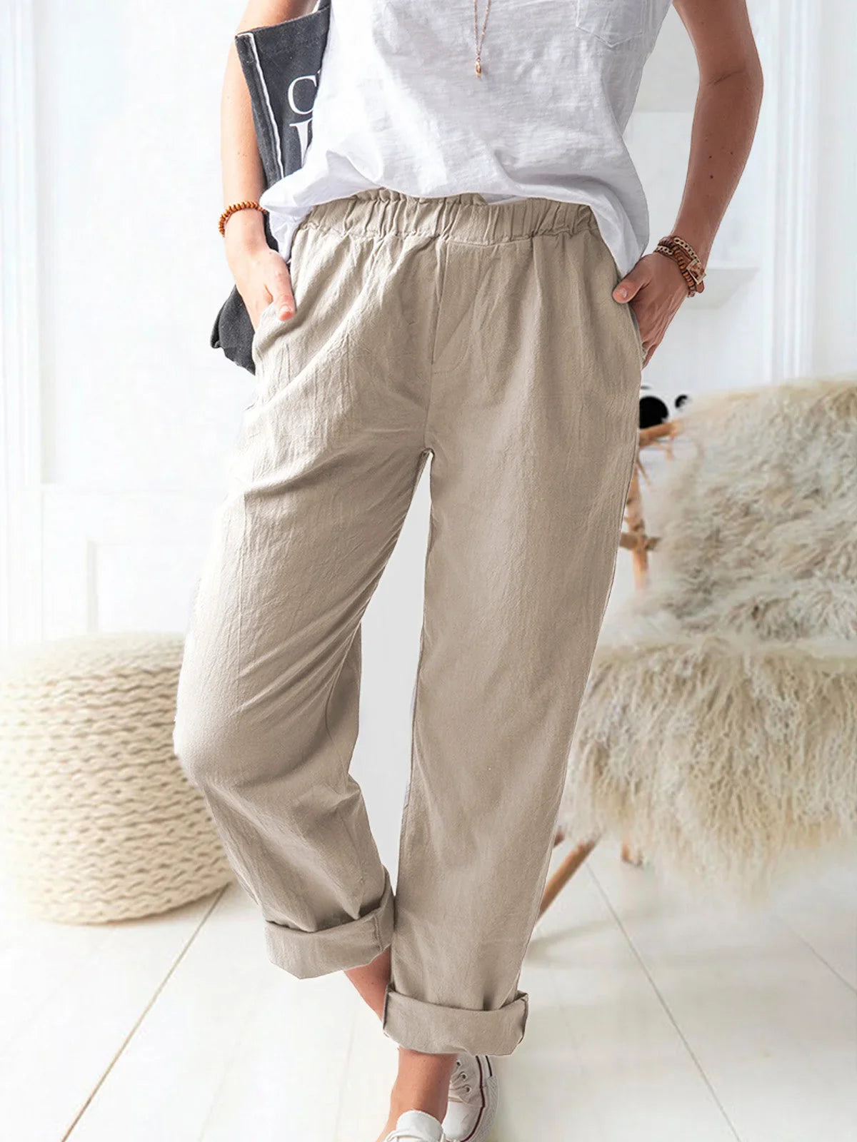 Elastic Waist Cotton Linen Loose Turnip Pants