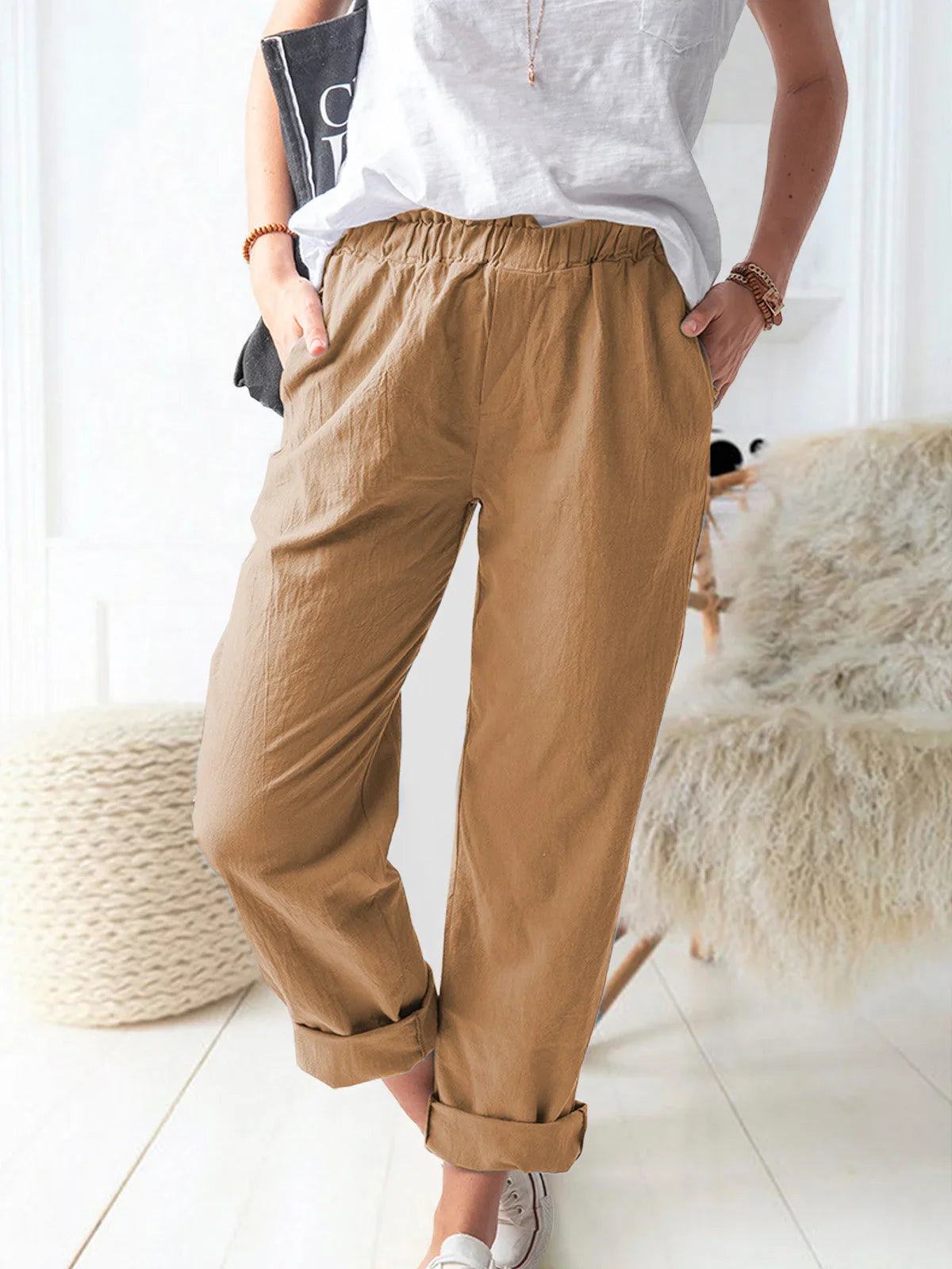 Elastic Waist Cotton Linen Loose Turnip Pants