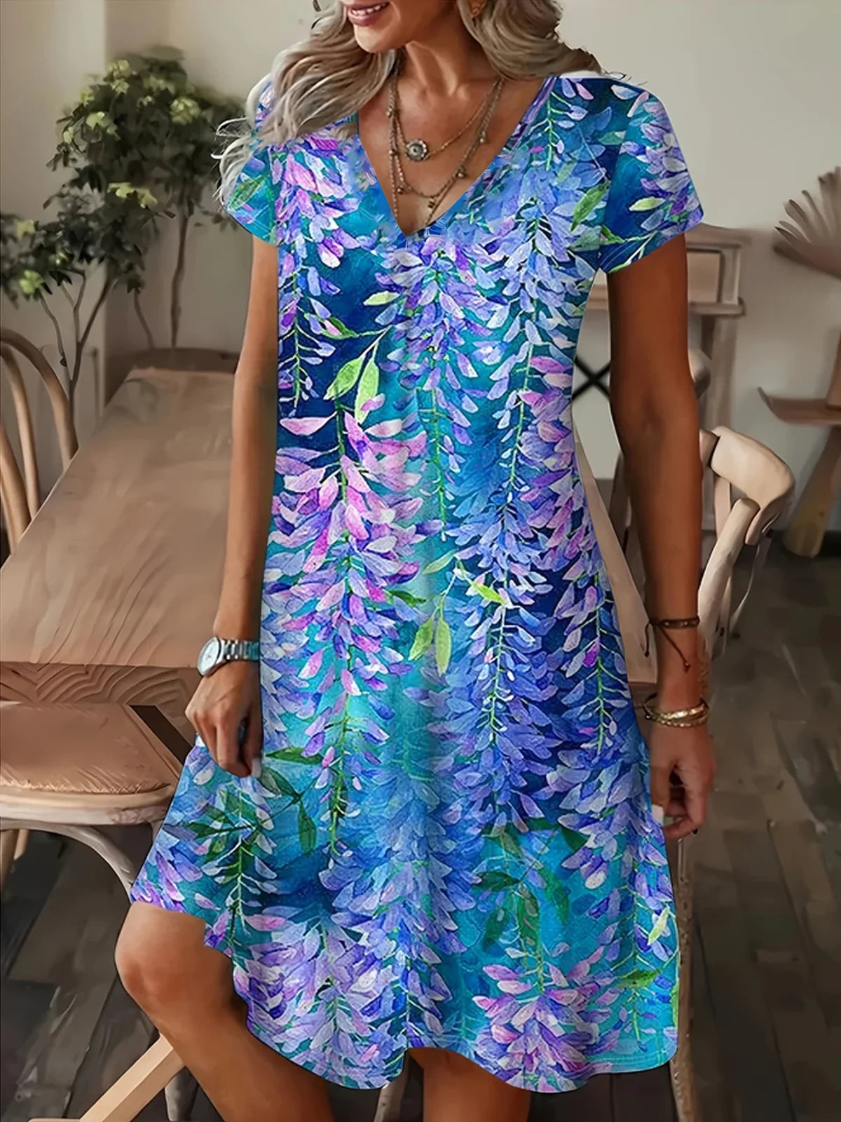 V Neck Floral Print Short Sleeve A-Line Maxi Dress