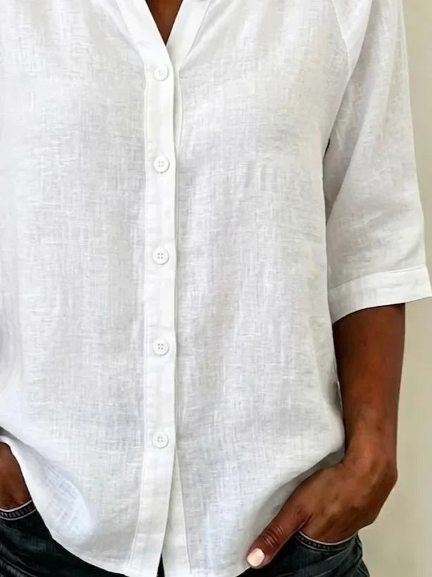 Plain Crew Neck Half Sleeve Button Down Loose Casual Blouse