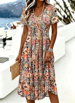 Boho Floral Print V Neck Short Sleeve Regular Fit A-Line Polyester Midi Dress