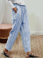 Vertical Stripe Natural Waist Loose H-Line Baggy Long Polyester Casual Pants