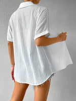 Plain Textured Shirt Collar Short Sleeve Button Front Loose H-Line Mid-Length Polyester Casual Tunic Blouse