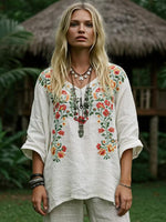 Women Floral Print V Neck Long Sleeve Cotton Linen Blend Loose Casual Mid-Length blouse