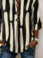 Women Casual Vintage Black Abstract Print V Neck Ruffle Half Sleeve Polyester Blouse