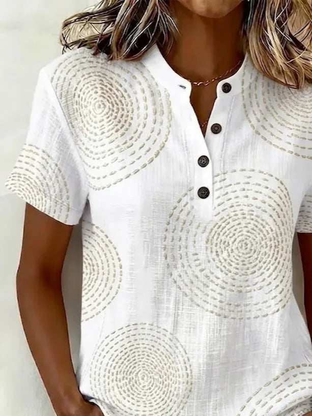 White Abstract Circle Print Henley V Neck Short Sleeve Casual Summer Women's Shirt