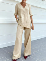 Apricot Plain V Neck Half Sleeve Polyester Two-Piece Summer Set