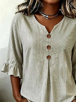 Gray Striped V Neck Half Sleeve Ruffle Cuff Casual Blouse For Women