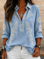 Shawl Collar Floral Embroidery Long Sleeve Casual Blouse For Women