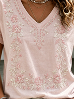Casual Floral V Neck Short Sleeve T-shirt