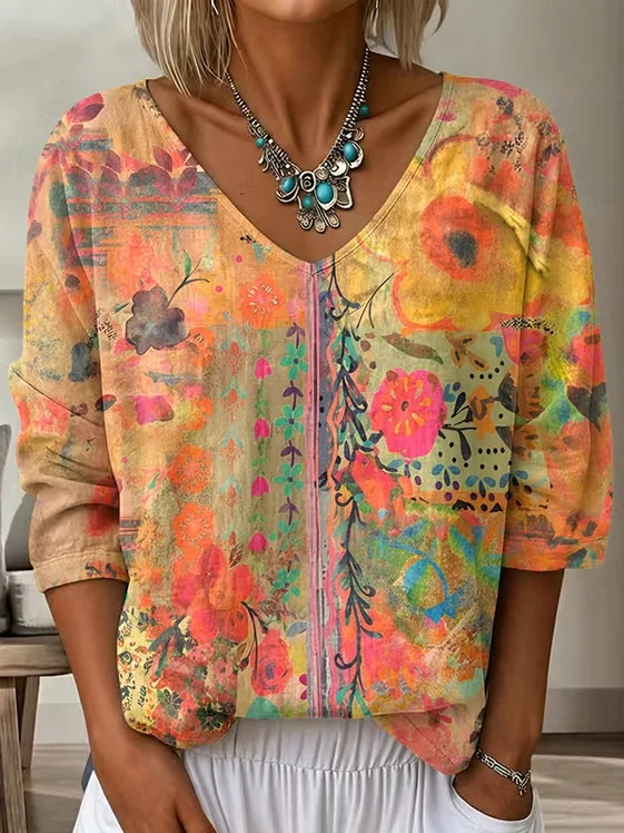 Casual Floral Abstract V Neck Three Quarter Sleeve T-shirt