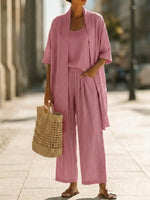 Women Minimalist Linen Cotton Three Piece Outfit Loose Plus Size Casual Daily Matching Set