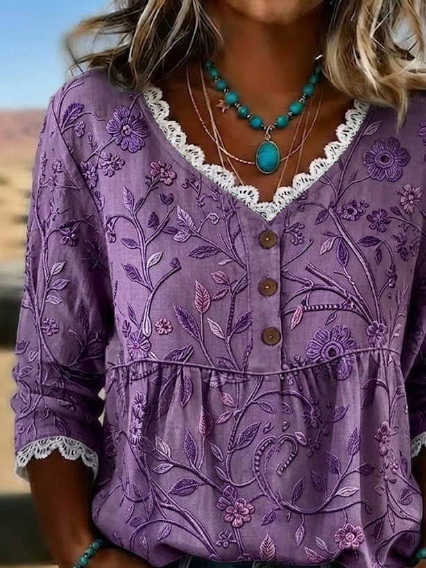 Women V Neck Floral Print Lace Edge Half Sleeve Casual Summer Blouse