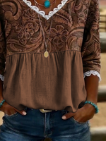 Women V Neck Vintage Floral Print Lace Edge Half Sleeve Casual Summer Blouse
