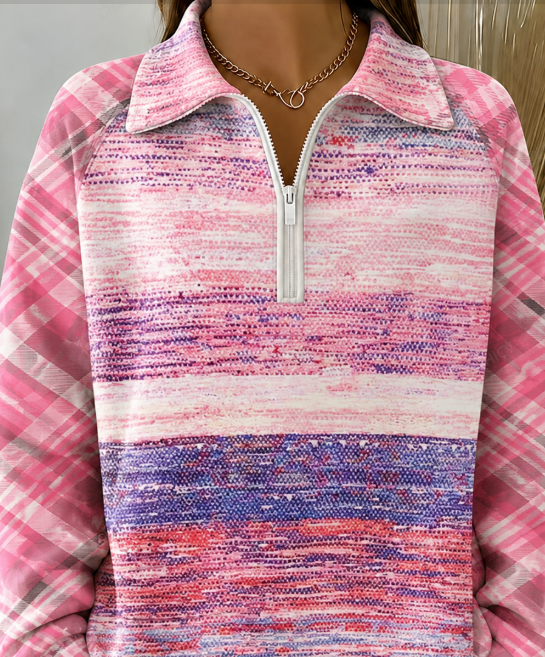 Women Pink Gradient Print Plaid Splicing Half Zip Collar Long Sleeve Sweatshirt