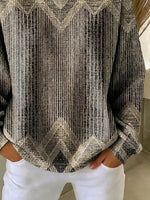 Women Brown Abstract Chevron Print Crew Neck Casual Sweatshirt
