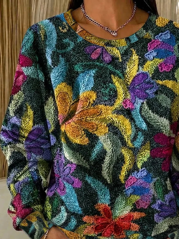 Women Vintage Dark Floral Print Crew Neck Long Sleeve Casual Sweatshirt