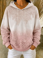 Women Pink White Gradient Lace Floral Embossed Hooded Sweatshirt