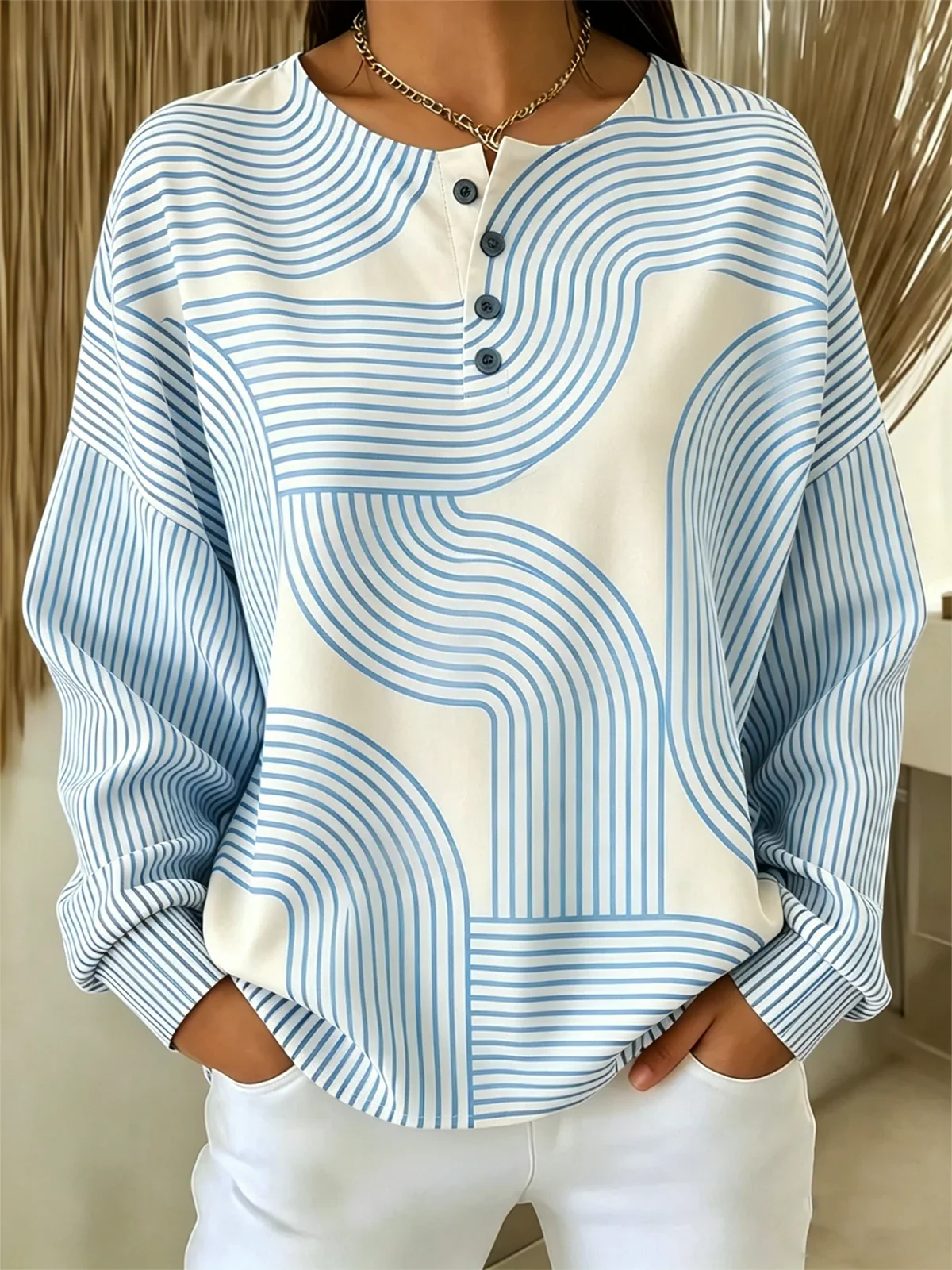 Henley Neck Geometric Striped Print Long Sleeve Top