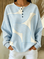 Henley Neck Geometric Striped Print Long Sleeve Top