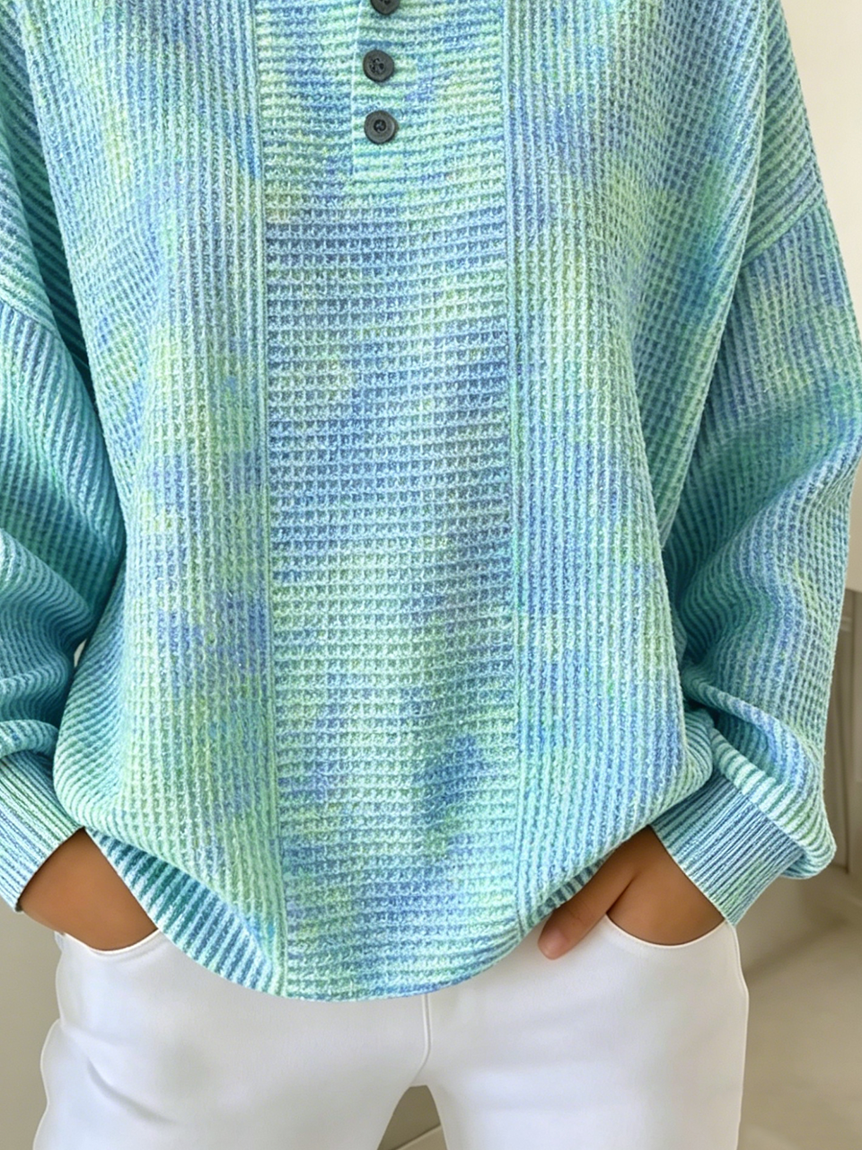 Tie-dye Waffle Knit Henley Long Sleeve Top