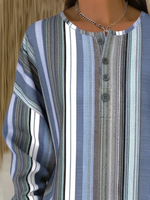 Vertical Stripe Henley Neck Long Sleeve Casual Top