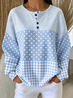 Striped Polka Dot Plaid Spliced Henley Top